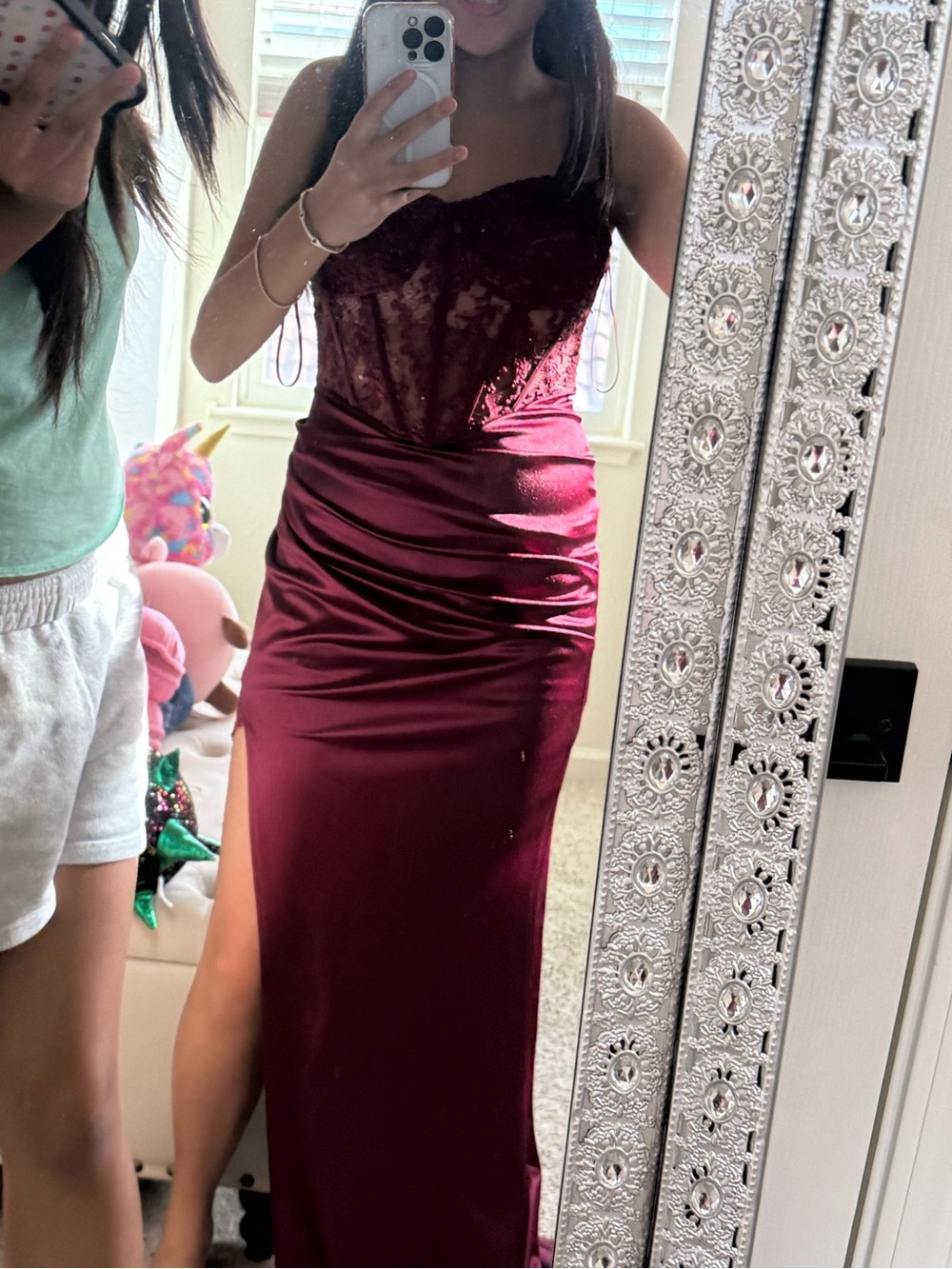 Windsor Deep Burgundy Lace Bodice Satin Prom Gown